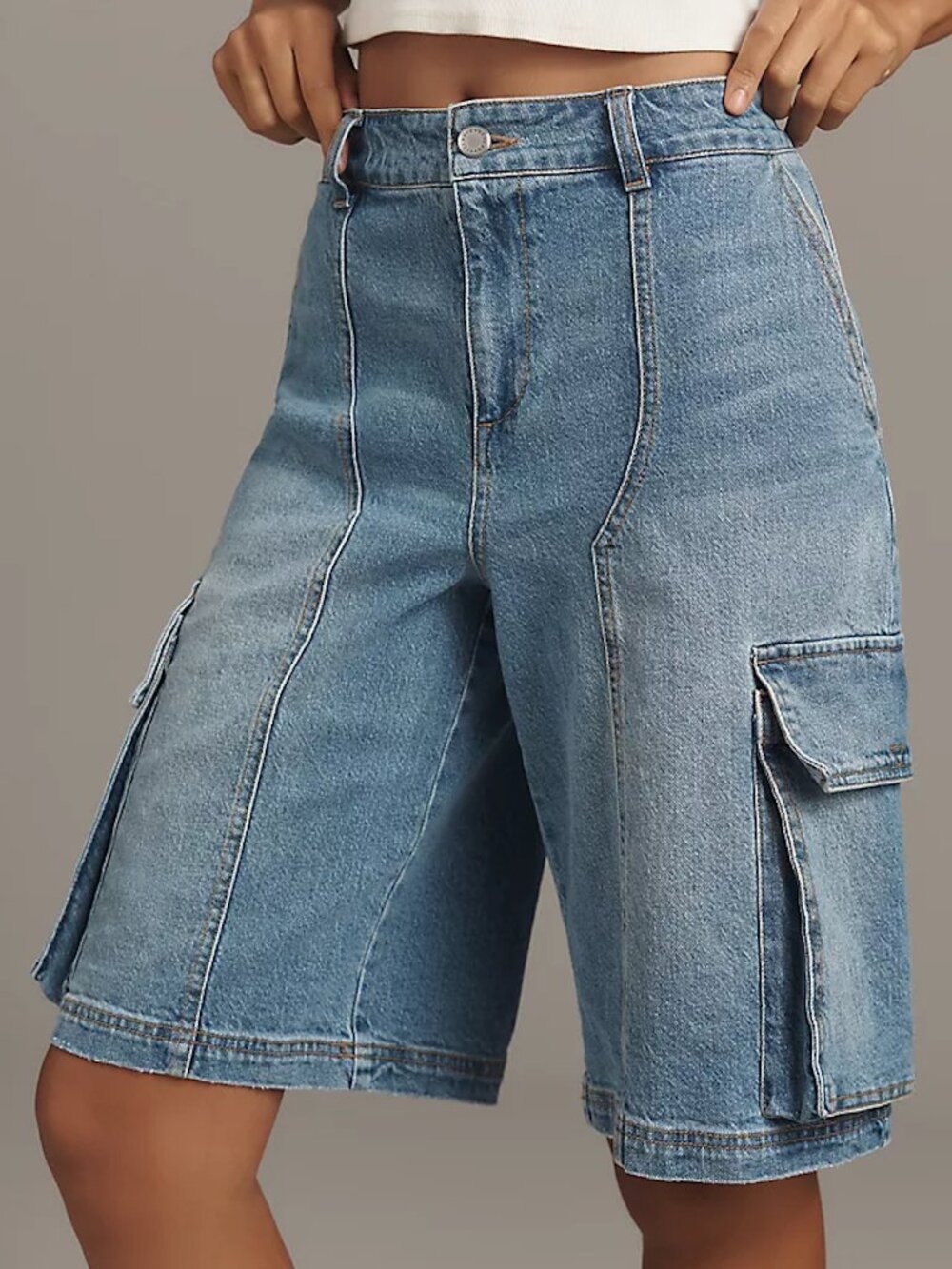 NWT Avec Les Filles Long Denim Cargo Bermuda Shorts, Size 26